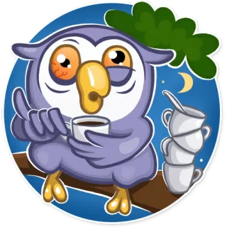 ☕ búho, café, dormilón, noche, dibujos animados, cansado, bebida whatsapp sticker