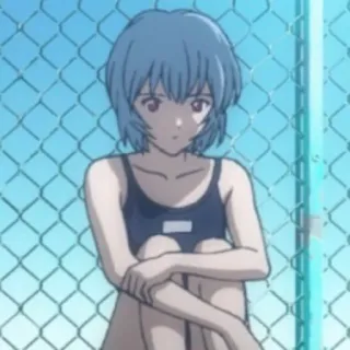 🗝 Rei Ayanami Neon Genesis Evangelion anime, Rei Ayanami, Evangelion, niebieskie włosy, strój kąpielowy, kreskówka, basen telegram sticker