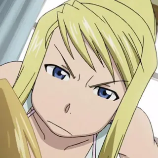 😧 Winry Rockbell Fullmetal Alchemist อนิเมะ, ผู้หญิง, ผมบลอนด์, มุ่งมั่น, โกรธ, ช่างเครื่อง telegram sticker