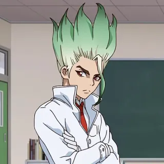 🌏 Senku Ishigami Dr. Stone anime, character, science, lab coat, green hair, Dr. Stone telegram sticker