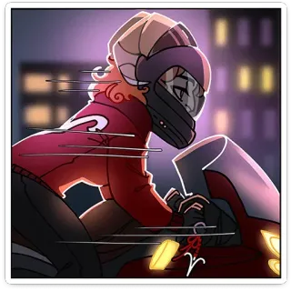 🏍 มอเตอร์ไซค์, หมวกกันน็อค, กลางคืน, การ์ตูน, เสื้อแจ็คเก็ตสีแดง, เมือง, ยานพาหนะ, ความเร็ว telegram sticker
