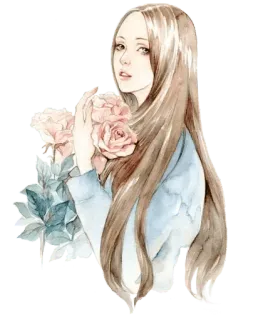 🌷 ผู้หญิง, ดอกไม้, ภาพเหมือน, สีน้ำ, ศิลปะ, เด็กผู้หญิง, กุหลาบ telegram sticker