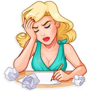 ✍ woman, writing, paper, frustrated, blonde, pencil telegram sticker