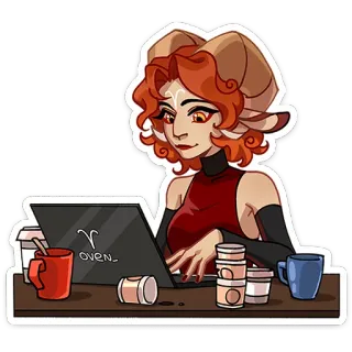 ⭐ oven_ demon, kobieta, komputer, kawa, zodiak, baran, laptop telegram sticker