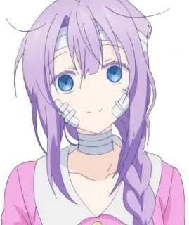 😥 anime, character, purple hair, bandages, cartoon whatsapp sticker