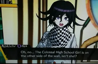 😄 Kokichi Oma Oh, no... The Colossal High School Girl is on
the other side of the wall, isn't she!? anime, character, quote, kokichi oma telegram sticker