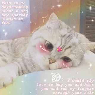 ❤️ this is me
daydreaming
about u and
how sparkly
u make me
feel
I would rly
love to hug you and kiss
you and run my fingers
through your hair chat, rêverie, amour, brillant, mignon, romantique telegram sticker