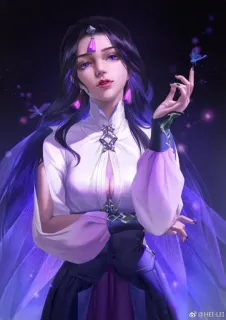 🖤 женщина, фэнтези, фиолетовый, платье, искусство, красота, элегантный, картина, персонаж whatsapp sticker