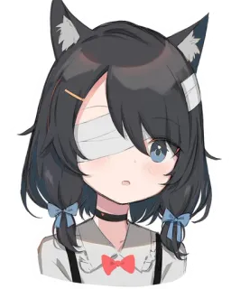 😮 chica anime, orejas de gato, vendaje, ojo azul, pinza de pelo, gargantilla, coletas, linda telegram sticker