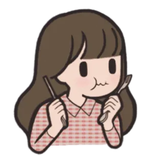😏 dibujo animado, mujer, comiendo, tenedor, cuchillo, comida telegram sticker
