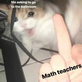 😭 Me asking to go to the bathroom
Math teachers kucing, meme, kamar mandi, matematika, guru, jari tengah telegram sticker