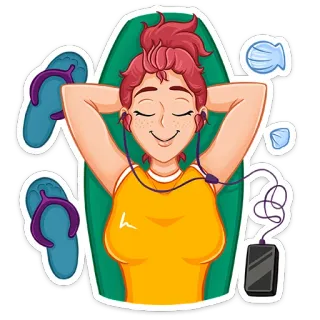 ☺️ wanita, santai, liburan, musim panas, mendengarkan musik, headphone, pantai, sandal telegram sticker
