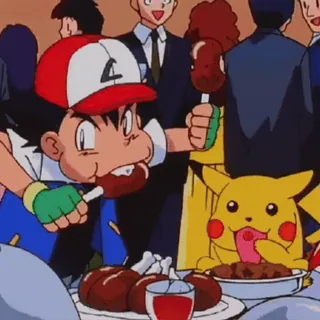 🍛 Ash Ketchum Pokémon อนิเมะ, การ์ตูน, ปิกาจู, แอช, โปเกมอน, อาหาร, กิน telegram sticker