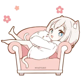 🤗 NYASTICKS anime girl, cat, chibi, cute, kawaii, couch, white hair telegram sticker