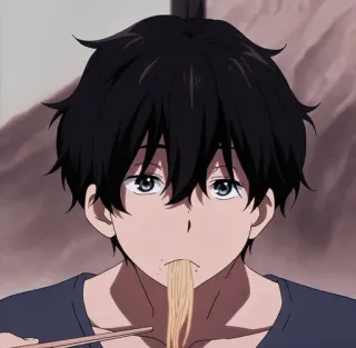 🖤 Anime, Manger, Nouilles, Homme, Cheveux noirs, Yeux bleus telegram sticker