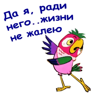 😱 Да я, ради него.. жизни не жалею pájaro, loro, dibujos animados, ruso, texto whatsapp sticker