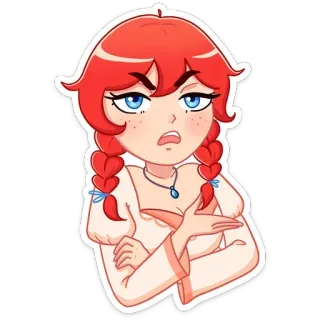 😒 การ์ตูน, ผู้หญิง, ผมแดง, ถักเปีย, โกรธ, ทัศนคติ whatsapp sticker