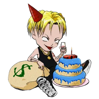 🎂 Desenho animado, Dinheiro, Luxo, Festa, Bolo, Carro, Personagem, Aniversário whatsapp sticker