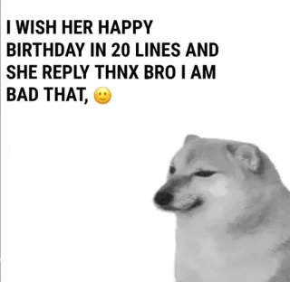 🙂 Cheems I WISH HER HAPPY BIRTHDAY IN 20 LINES AND SHE REPLY THNX BRO I AM BAD THAT, 🙂 cheems, doge, birthday, friendzone, meme, relatable, sad telegram sticker