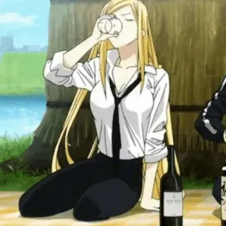 🍬 woman, drinking, anime, blonde, wine, tie whatsapp sticker