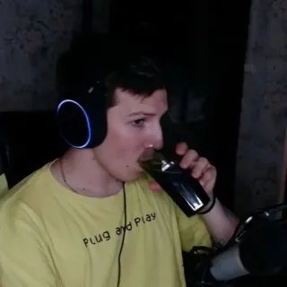 🍾 Plug and Play man, drinking, t-shirt, headset telegram sticker