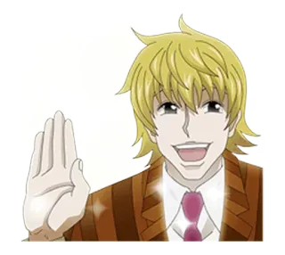 🙋 anime, character, blonde, suit, tie, friendly, waving telegram sticker