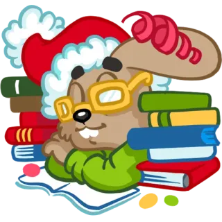 👓 dibujos animados, conejo, conejito, navidad, gorro de Papá Noel, gafas, libros telegram sticker