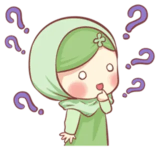 😳 kreskówka, znaki zapytania, hidżab, kobieta, myślenie, wątpliwość, muzułmanka telegram sticker