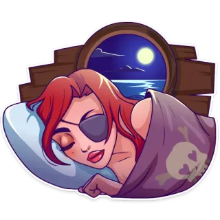 💤 Pirat, schlafend, Augenklappe, Cartoon, Nacht, Mond, Meer, Bett telegram sticker