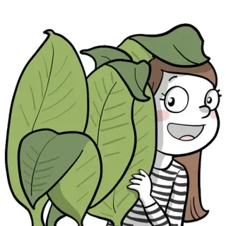 😫 dessin animé, femme, feuilles, plante, personnage, souriant telegram sticker