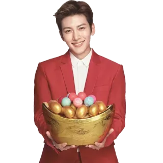 🎁 homme, costume rouge, souriant, or, oeufs, asiatique, portrait whatsapp sticker
