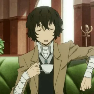 🤓 Dazai Osamu Bungou Stray Dogs Anime, Vendajes, Té, pelo castaño, acostado whatsapp sticker