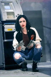 🥀 Jessica Jones femme, espèces, argent, jeans, veste, super-héros, Marvel telegram sticker