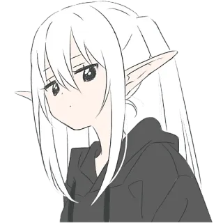 🙄 Anime, Elfo, Ragazza, Felpa con cappuccio, Capelli bianchi, Carino, Cartone animato telegram sticker