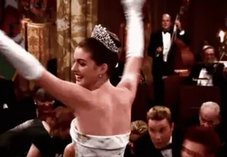 😘 Mia Thermopolis The Princess Diaries Anne Hathaway, princess, tiara, evening gown, happy, celebration, movie scene telegram sticker