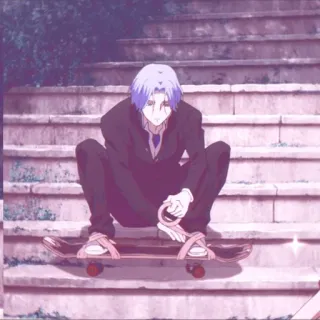 🧊 anime, skateboard, stairs, character, manga, indoors, sitting telegram sticker