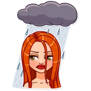 ☹ mujer, triste, lluvia, nube, pelo rojo, pegatina, molesta telegram sticker