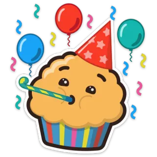 🎉 คัพเค้ก, ลูกโป่ง, หมวกปาร์ตี้, กระดาษสี, การเฉลิมฉลอง, น่ารัก, การ์ตูน, นกหวีด telegram sticker