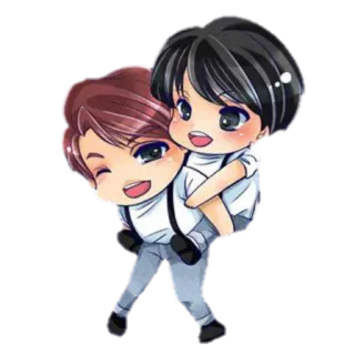 😉 chibi, piggyback ride, cartoon, friends, friendship, cute, anime style telegram sticker