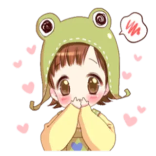 😍 chica anime, lindo, sombrero de rana, kawaii, corazones telegram sticker