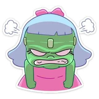 😡 en colère, dessin animé, vert, contrarié, fille, bouillant telegram sticker
