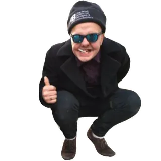 👍 ผู้ชาย, นั่งยองๆ, ลำลอง, หมวก, แว่นกันแดด, สลาฟ telegram sticker