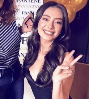 ✌ woman, smiling, peace sign, brunette, person, selfie telegram sticker