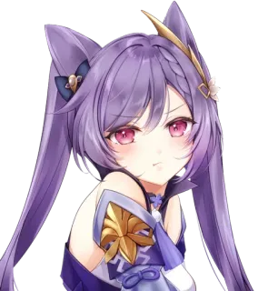 😠 Keqing Genshin Impact Anime, Spiel, lila Haare, Katzenohren, Mädchen whatsapp sticker