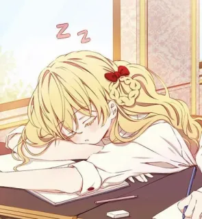 😴 ZZ спящий, блондинка, девушка, сон, письменный стол, мультфильм whatsapp sticker