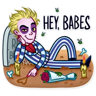 😏 Beetlejuice HEY, BABES Beetlejuice, filme, desenho animado, comédia, fantasma, personagem whatsapp sticker