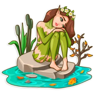 😔 sticker, fantasy, donna, elfo, natura, acqua, foglie telegram sticker