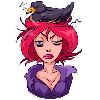 😴 strega, corvo, assonnato, capelli rossi, cartone animato telegram sticker