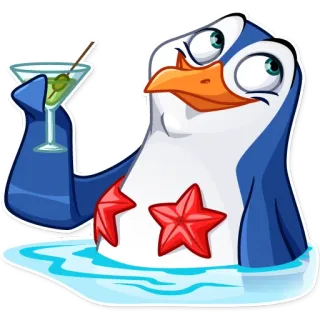 🍸 Pinguin, Cocktail, Martini, Cartoon, Sterne, Blau, Meer, Party telegram sticker