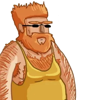 😎 dibujo animado, personaje, hombre, pelirrojo, gafas de sol, camiseta de tirantes, barbudo, peludo whatsapp sticker